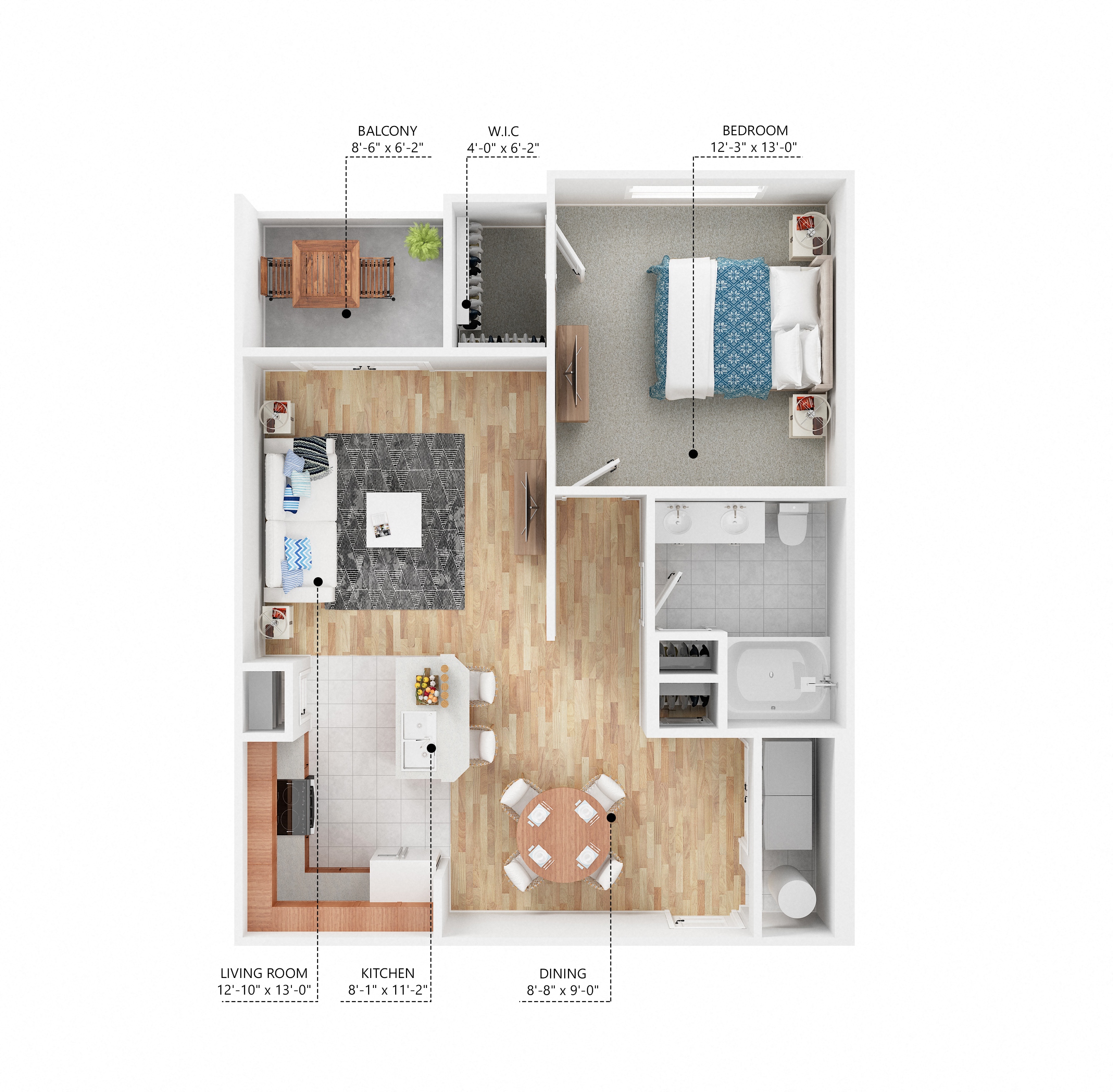 Floor plan for 1 bed, 1 bath, 776 sqft